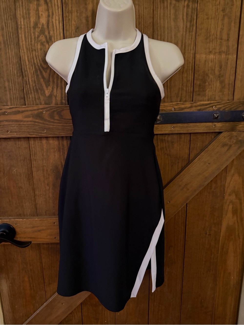 Sage Black Mini Dress with White Trim and Front Zip